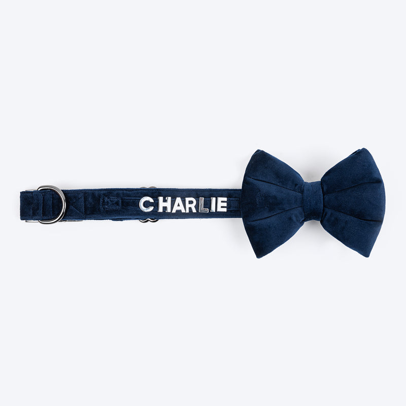 HUFT Personalised Luxe Velvet Fabric Collar With Bow Tie For Dog - Dark Navy - Heads Up For Tails