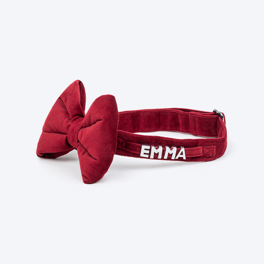 HUFT Personalised Luxe Velvet Fabric Collar With Bow Tie For Dog - Maroon - Heads Up For Tails