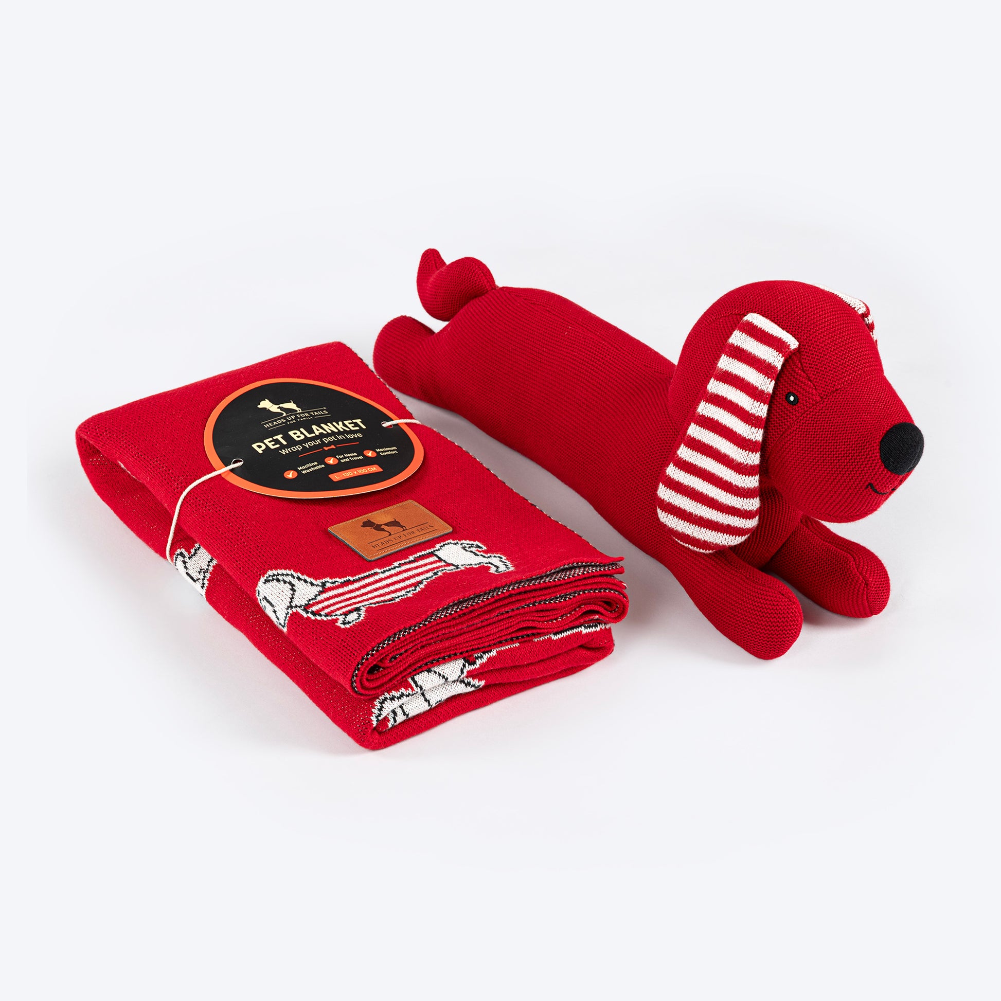HUFT Stripes & Snouts Blanket With Cushion For Dog - Red - Heads Up For Tails