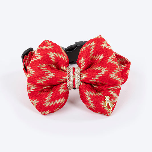 HUFT Festive Desi Glam Dog Bow Tie With Strap - Red