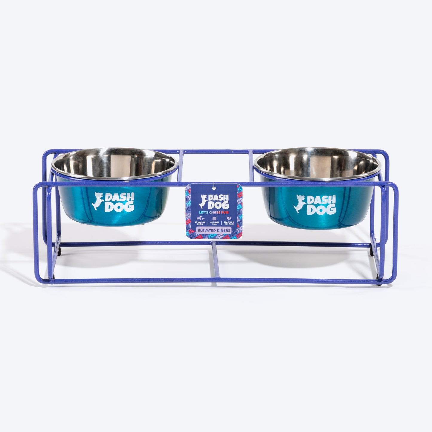 Dash Dog Rainbow Rush Elevated Double Diner With Steel Bowl Inserts For Dog - Violet - Heads Up For Tails
