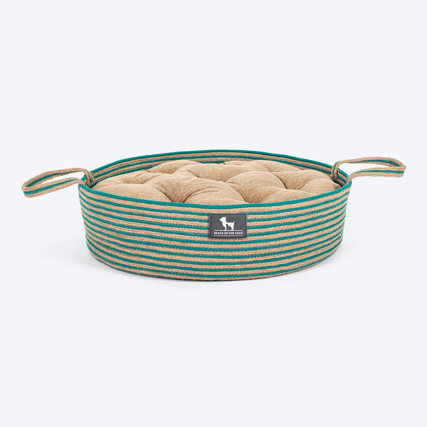 HUFT Whisker Retreat Jute Basket Bed With Cushion For Small Dogs & Cats- Aqua & Brown - Heads Up For Tails