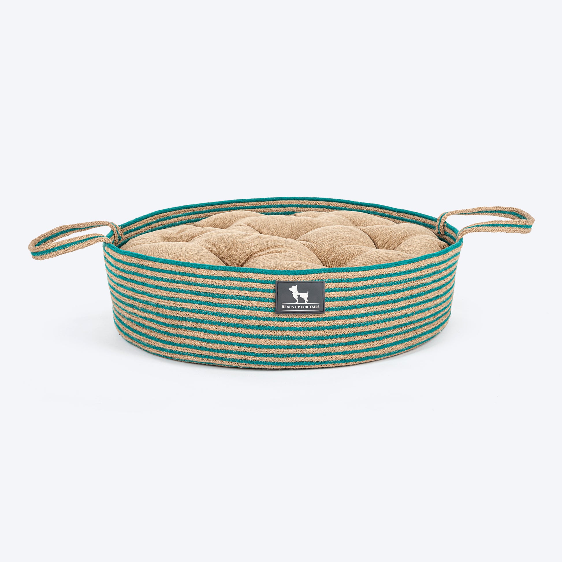 HUFT Whisker Retreat Jute Basket Bed With Cushion For Small Dogs & Cats- Aqua & Brown - Heads Up For Tails
