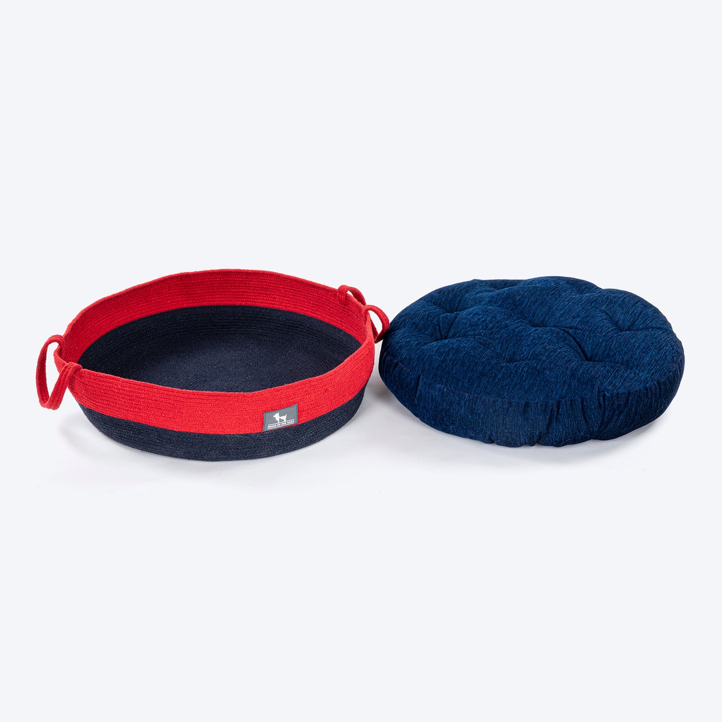 HUFT Cuddle Paws Jute Basket Bed With Cushion For Small Dogs & Cats - Red & Navy - Heads Up For Tails