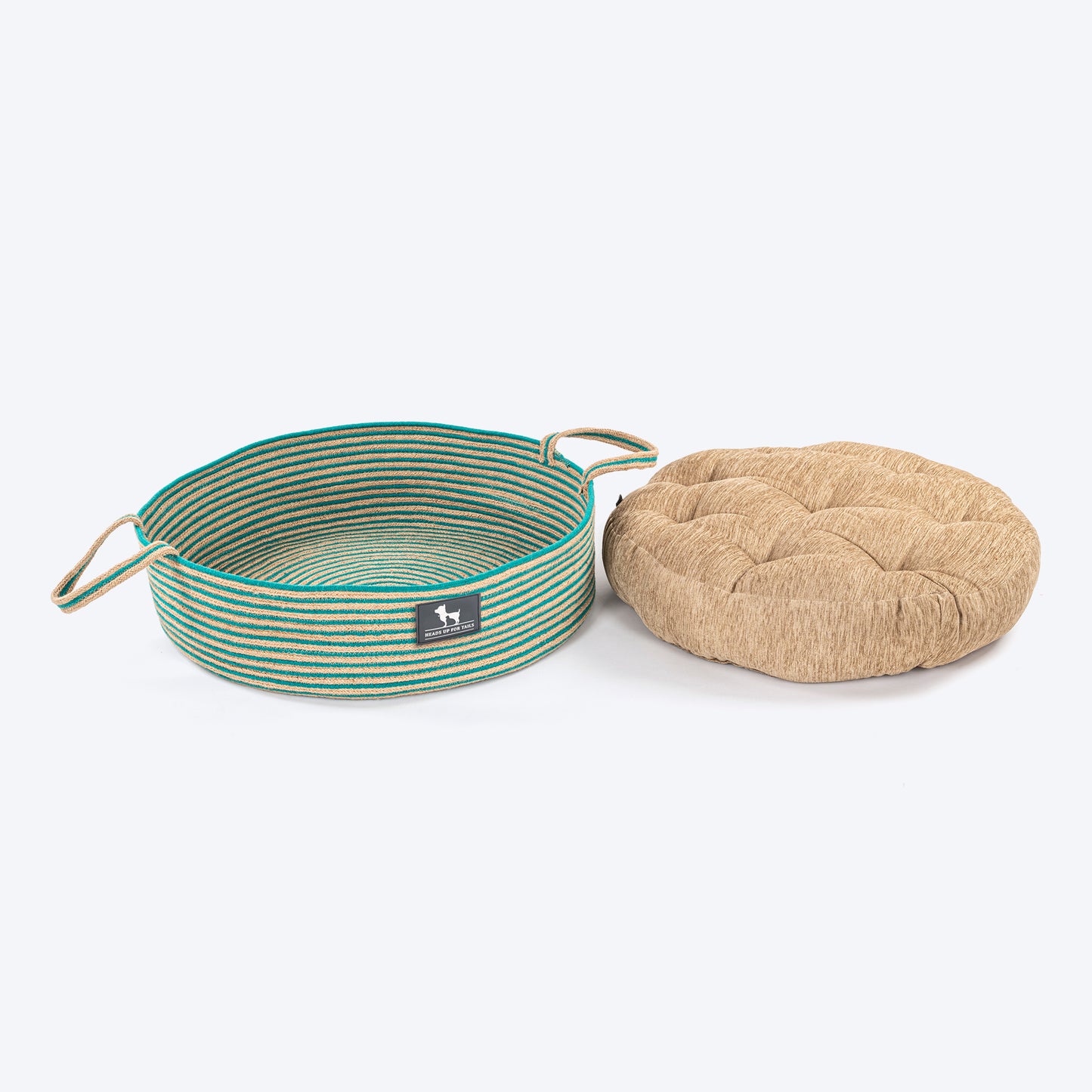 HUFT Whisker Retreat Jute Basket Bed With Cushion For Small Dogs & Cats- Aqua & Brown - Heads Up For Tails