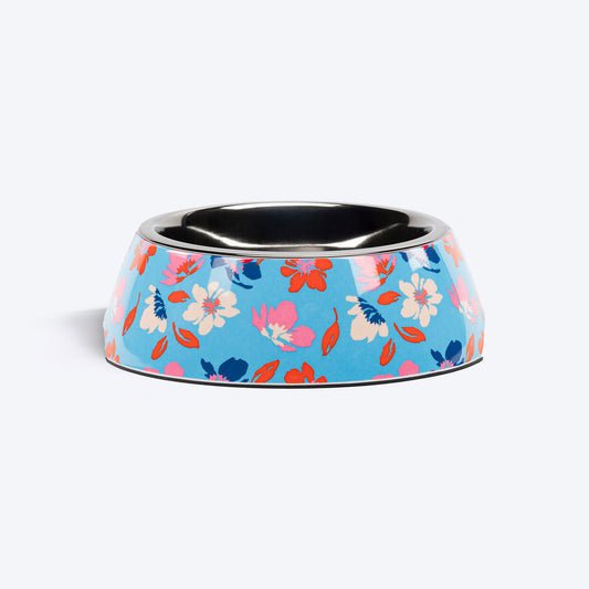 HUFT Summer Bloom Printed Melamine Bowl With Steel Insert For Dog - Blue - Heads Up For Tails