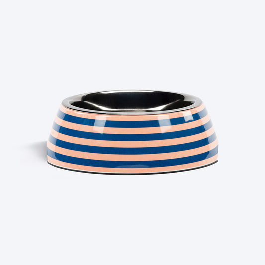 HUFT Happy Stripes Printed Melamine Bowl With Steel Insert For Dog - Blue & Peach - Heads Up For Tails