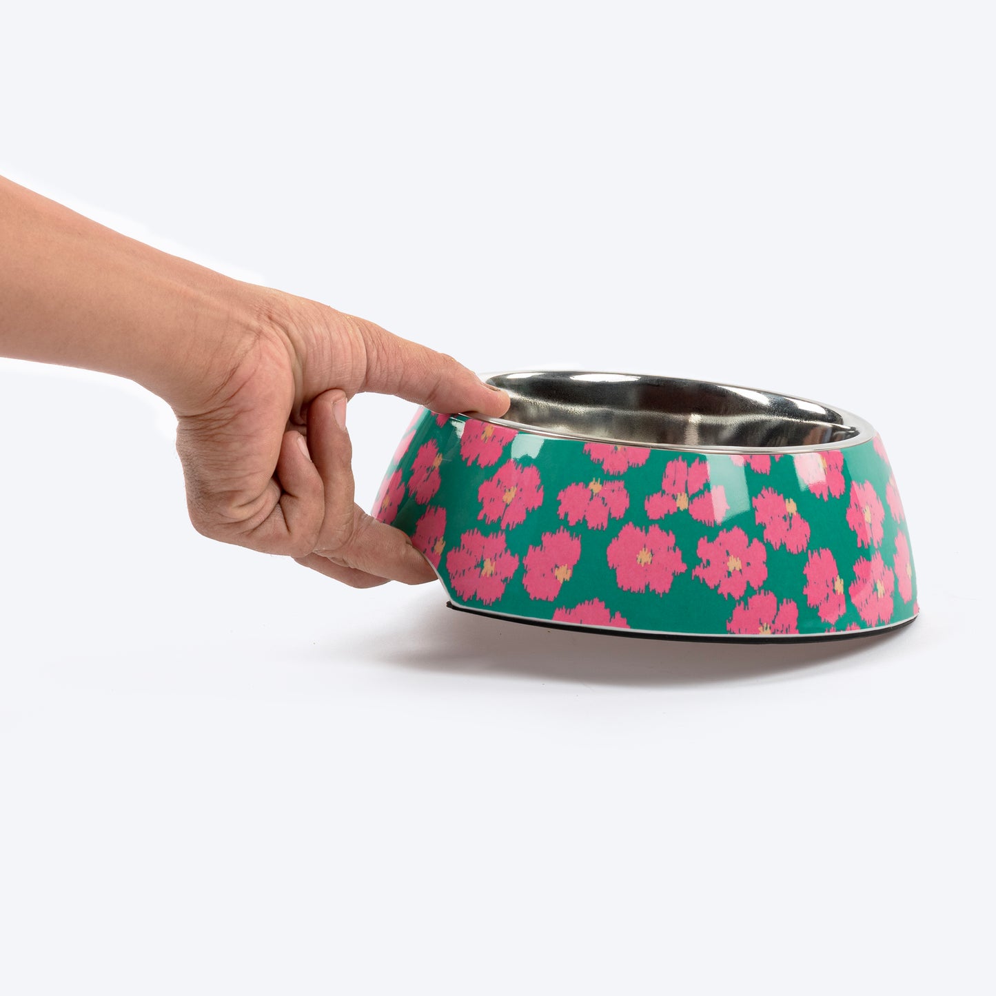 HUFT Pawsome Blossom Printed Melamine Bowl With Steel Insert For Dog - Green & Pink - Heads Up For Tails