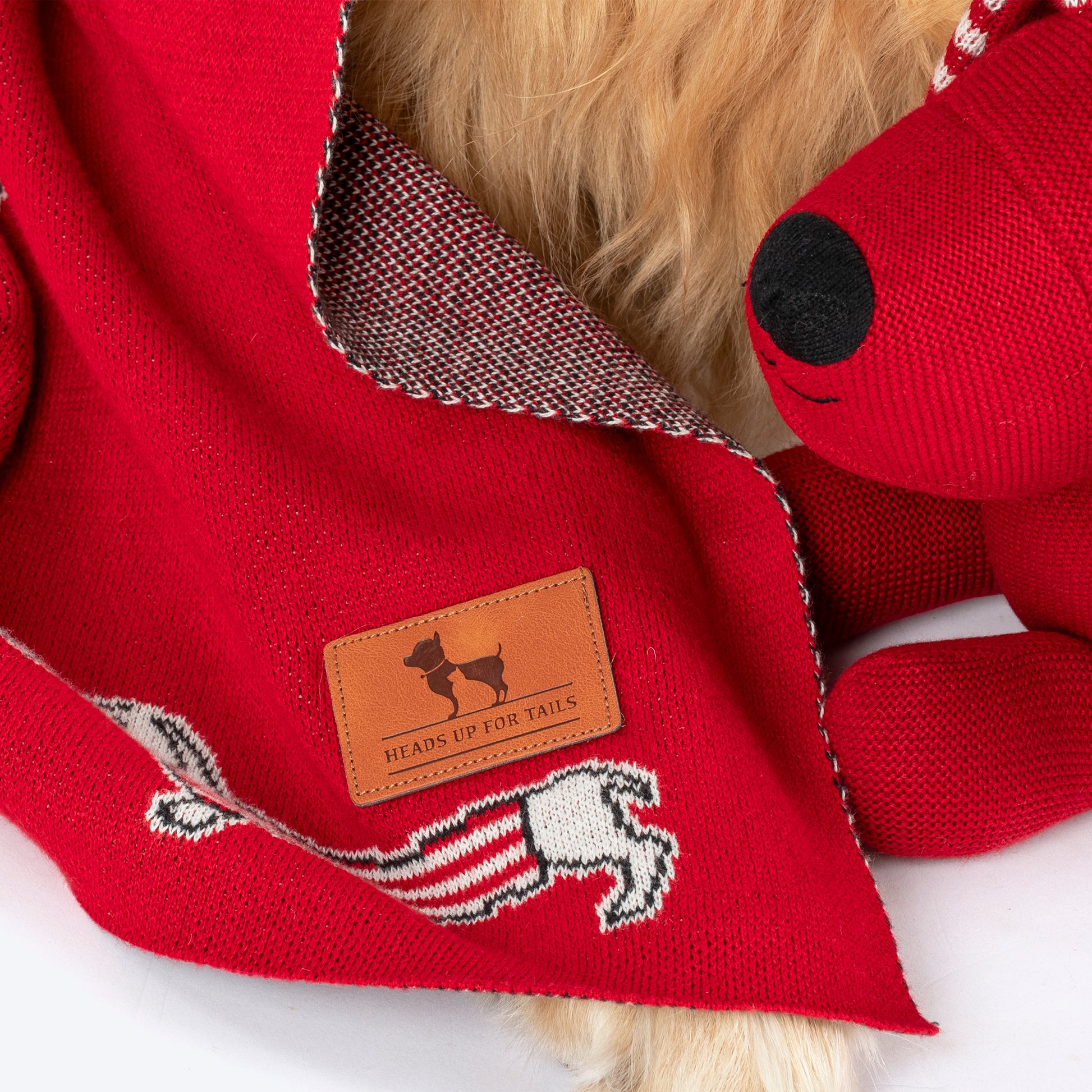 HUFT Stripes & Snouts Blanket With Cushion For Dog - Red - Heads Up For Tails
