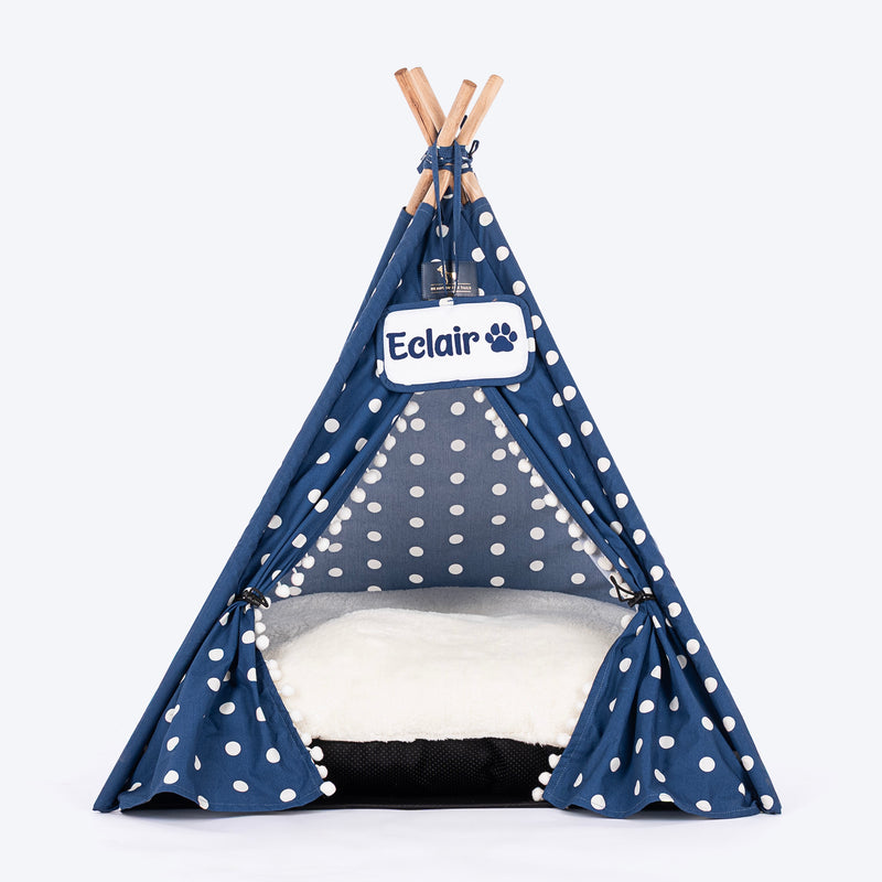 HUFT Personalised Polka Paws Teepee Tent Bed For Dog & Cat - Navy - Heads Up For Tails
