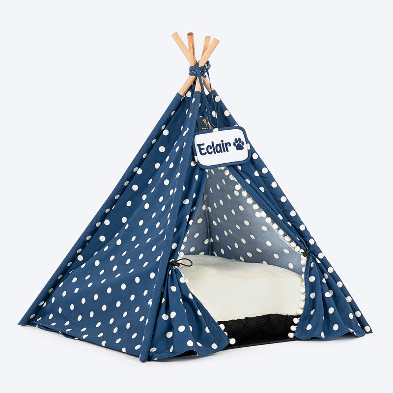 HUFT Personalised Polka Paws Teepee Tent Bed For Dog & Cat - Navy - Heads Up For Tails