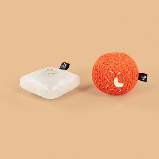HUFT Meethi Masti Mithai Pair Plush Toy For Dog & Cat - White Orange - Set Of 2