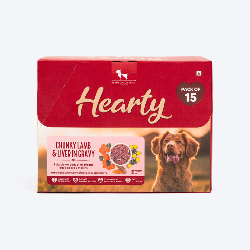 Hearty Chunky Lamb & Liver in Gravy dog wet food by Heads Up for Tails, 70g, suitable for dogs over 3 months.