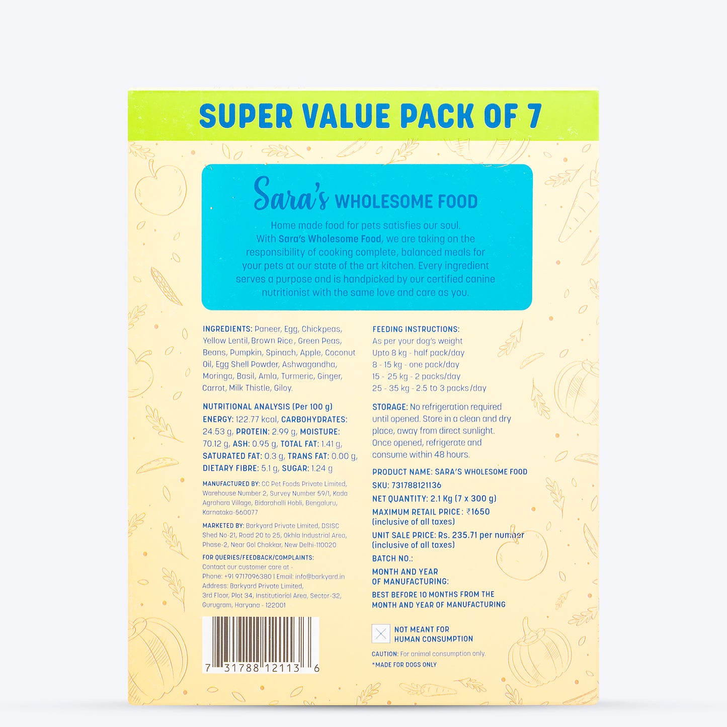 HUFT Sara's Wholesome Food - Classic Paneer And Eggs Dog Food (Pack Of 7) - Heads Up For Tails