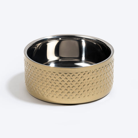 HUFT Golden Dazzle Embossed Steel Bowl For Dog - Gold - Heads Up For Tails