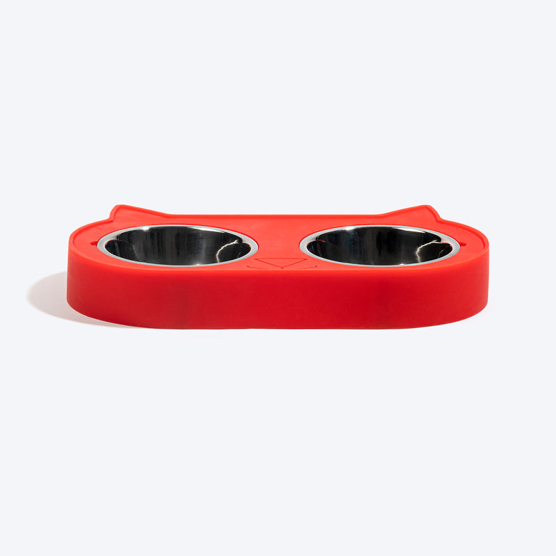 HUFT Cat Face Double Diner With Steel Bowls Inserts For Cat & Kitten - Red - Heads Up For Tails