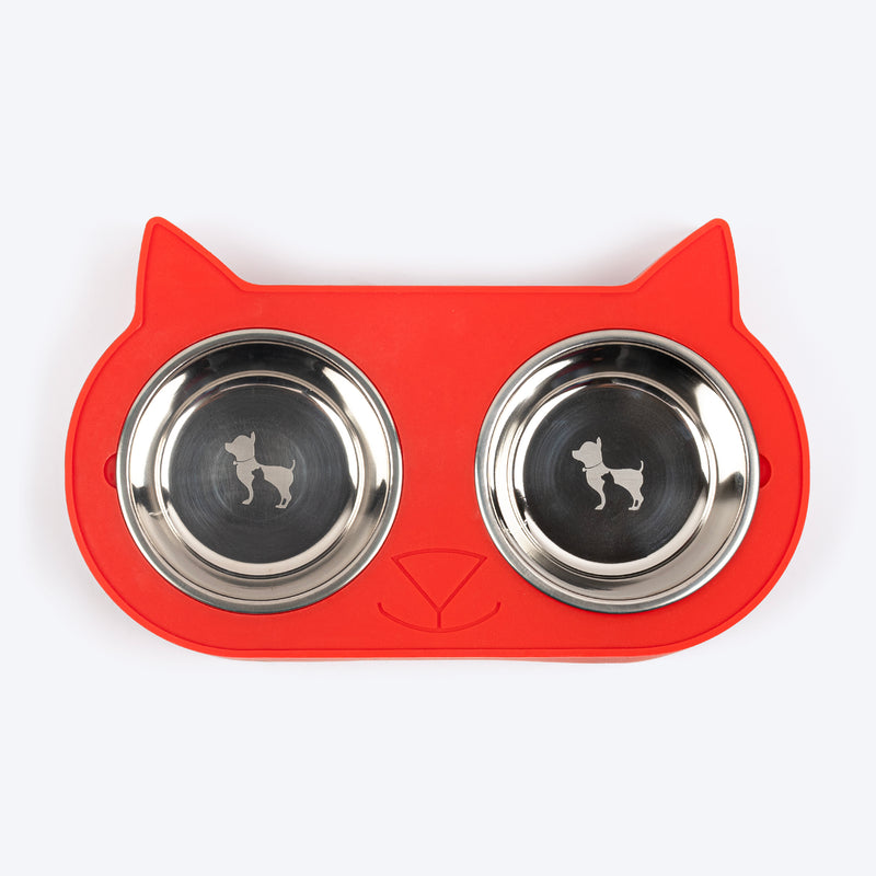 HUFT Cat Face Double Diner With Steel Bowls Inserts For Cat & Kitten - Red - Heads Up For Tails