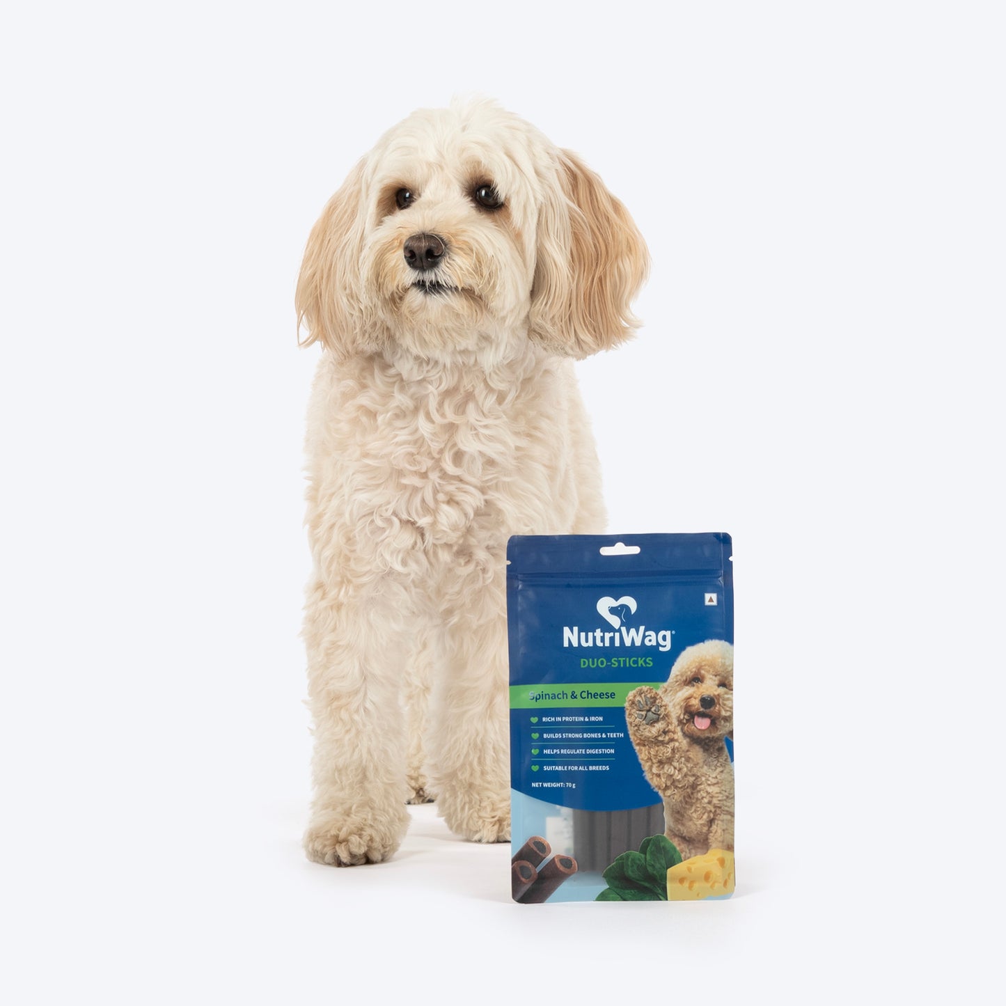 NutriWag Spinach & Cheese Duo Sticks Treats For Dog - 70 gm - Heads Up For Tails