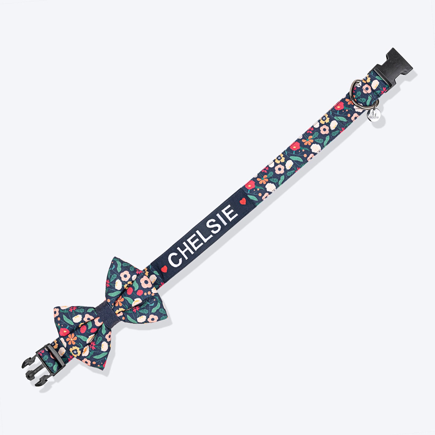 HUFT Personalised Floral Fusion Fabric Collar With Free Bow Tie For Dog - Ink Blue - Heads Up For Tails