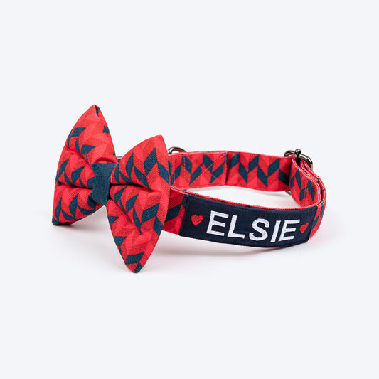 HUFT Personalised Geometric Groove Fabric Collar With Free Bow Tie For Dog - Red - Heads Up For Tails