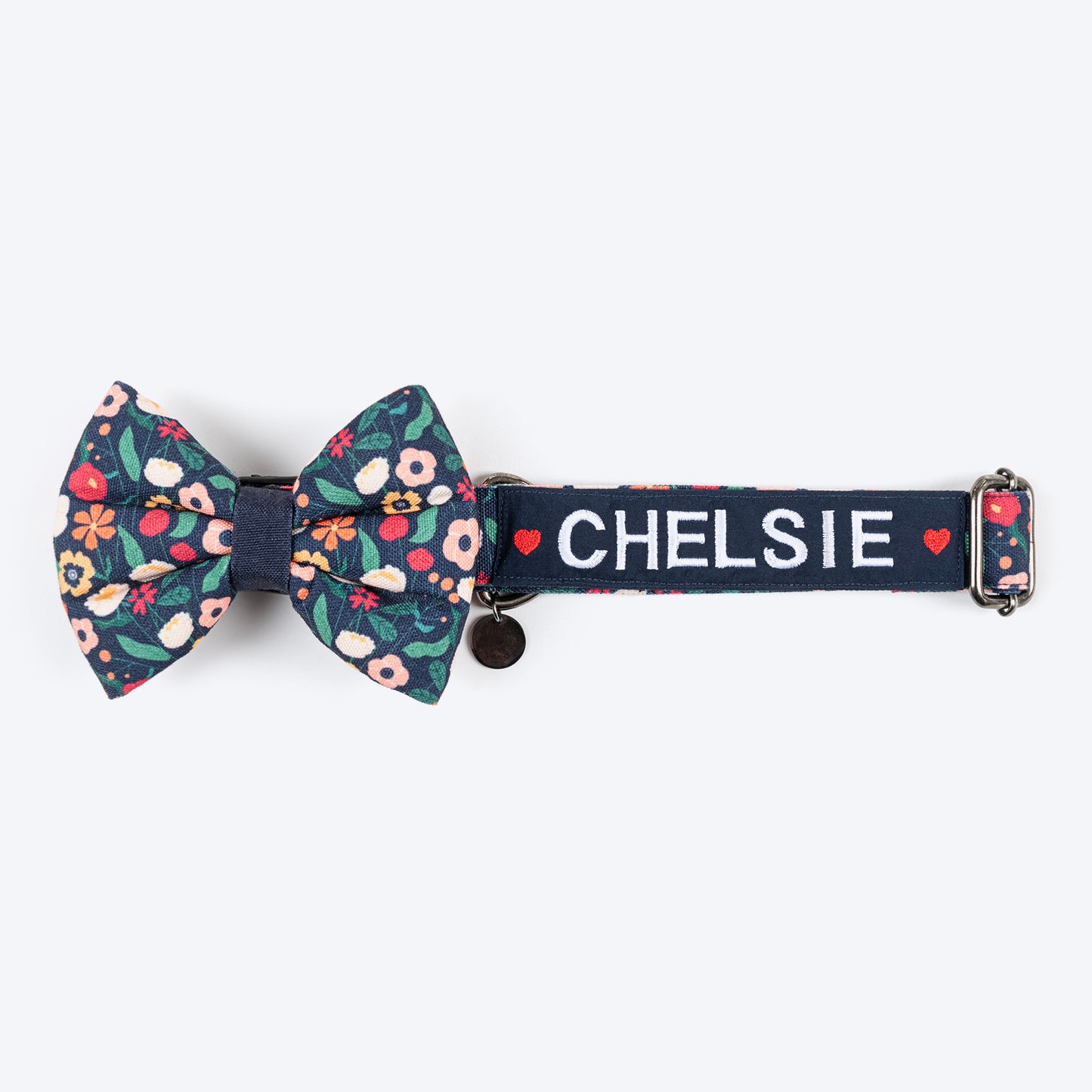 HUFT Personalised Floral Fusion Fabric Collar With Free Bow Tie For Dog - Ink Blue - Heads Up For Tails