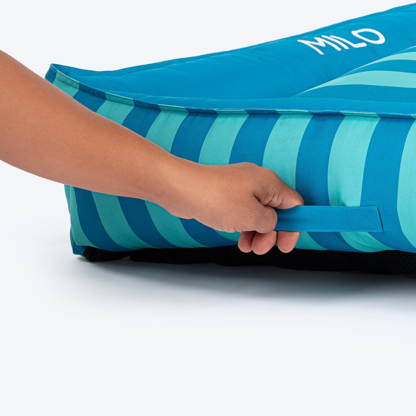 HUFT Personalised Happy Stripes Lounger Bed For Dog - Blue & Turquoise - Heads Up For Tails