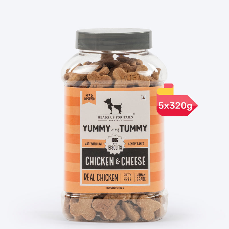 Heads Up for Tails Yummy in my Tummy Chicken & Cheese dog biscuits, gluten-free, 5-pack of 320g jars