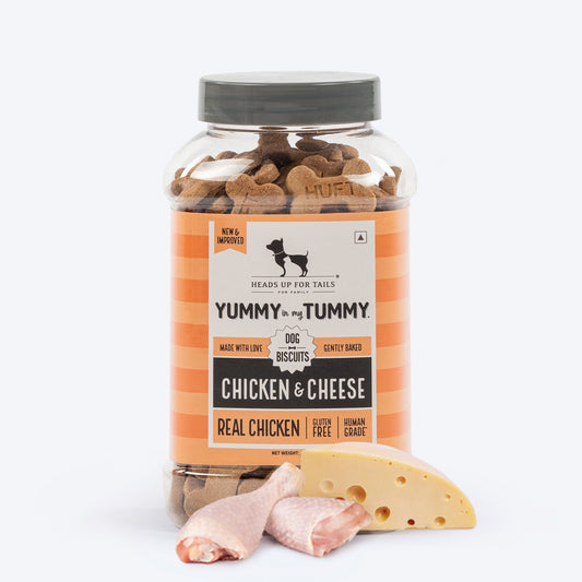 Heads Up for Tails Yummy in my Tummy Chicken & Cheese Dog Biscuits, gluten-free, 400g jar with heart-shaped treats