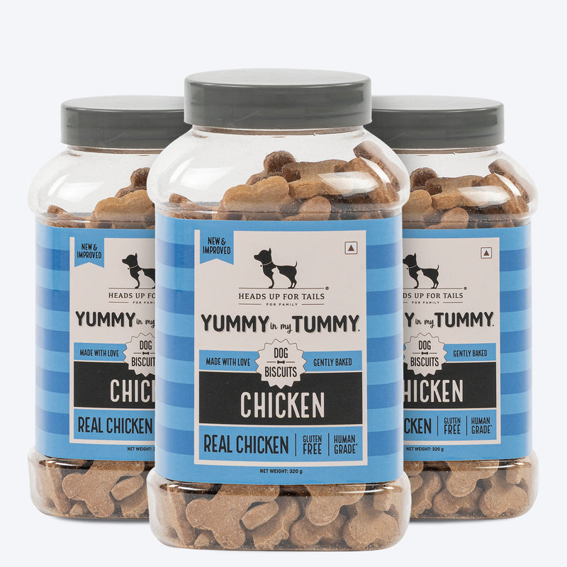Heads Up for Tails Yummy in My Tummy Chicken Dog Biscuits, gluten-free, 320g, in a multi-pack of three jars