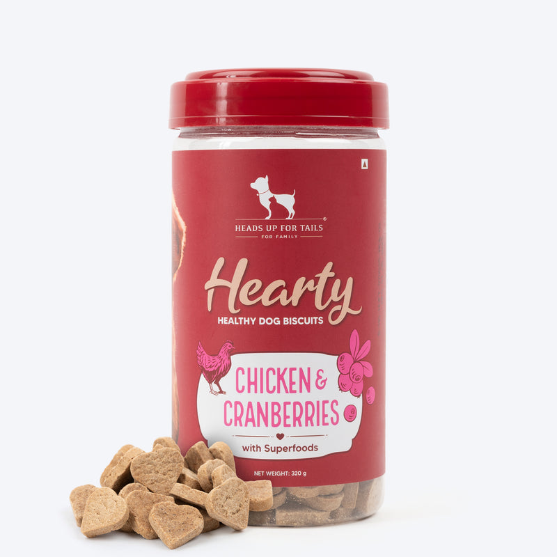 Hearty Chicken & Cranberries Healthy Dog Biscuits by Heads Up For Tails, 320 g, protein-rich and grain-free.