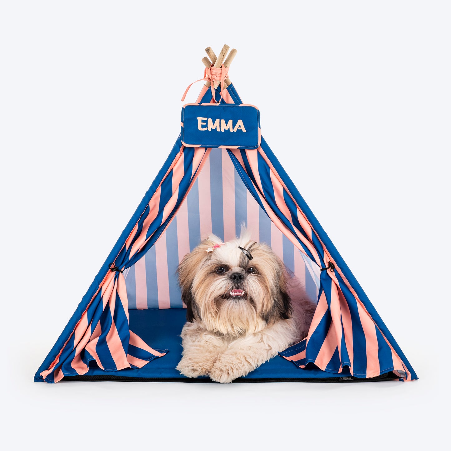 HUFT Personalised Happy Stripes Teepee Tent Bed For Dog & Cat - Navy & Peach - Heads Up For Tails