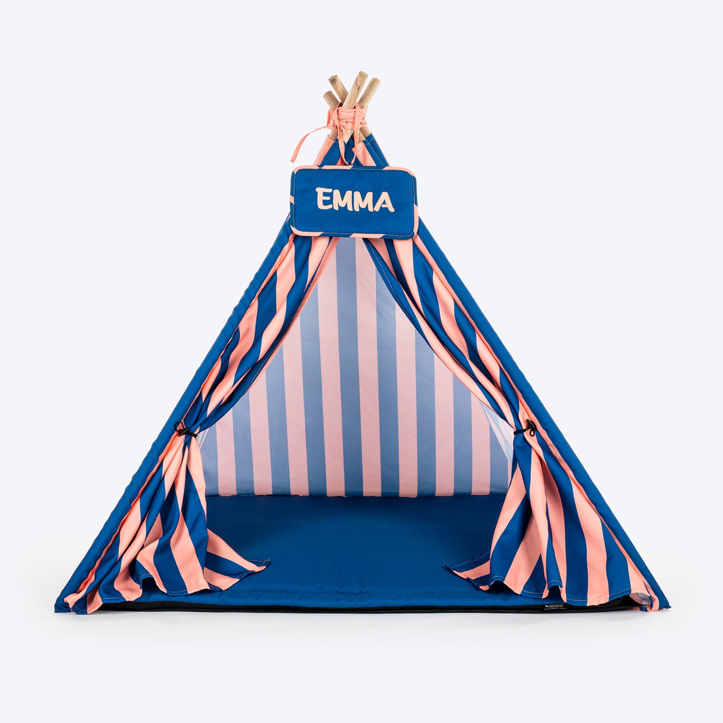 HUFT Personalised Happy Stripes Teepee Tent Bed For Dog & Cat - Navy & Peach - Heads Up For Tails