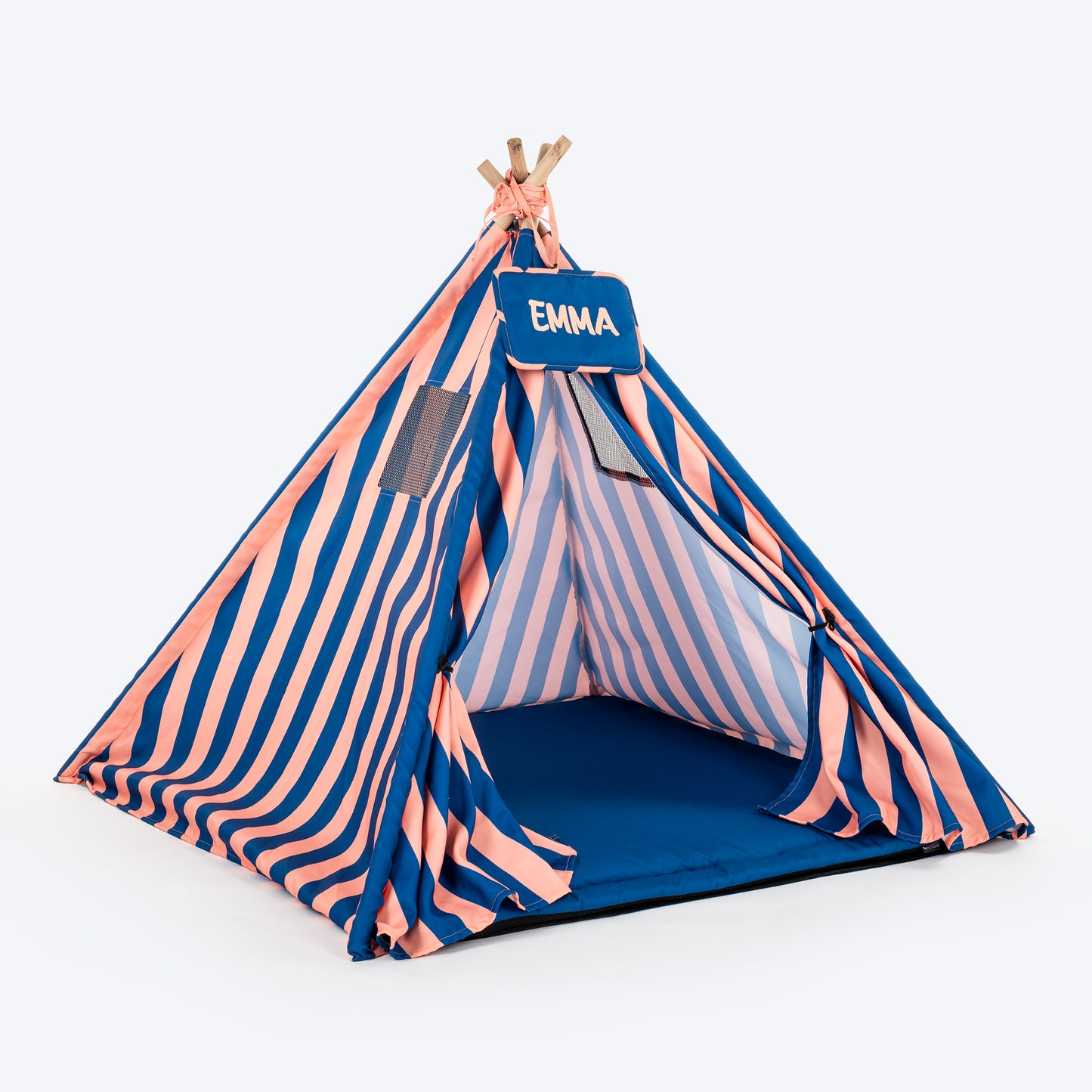 HUFT Personalised Happy Stripes Teepee Tent Bed For Dog & Cat - Navy & Peach - Heads Up For Tails