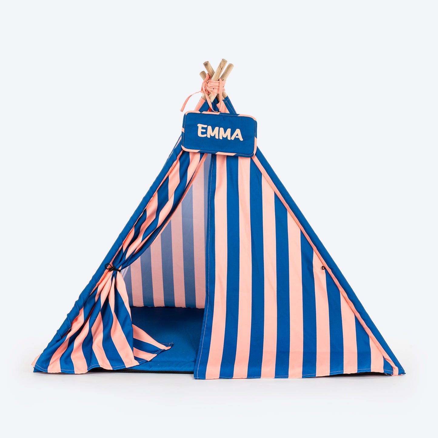 HUFT Personalised Happy Stripes Teepee Tent Bed For Dog & Cat - Navy & Peach - Heads Up For Tails