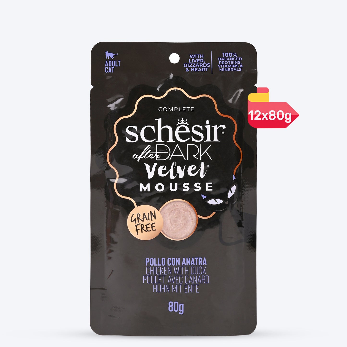 Schesir After Dark Velvet Mousse Chicken With Duck Wet Food For Adult Cat - 80 gm - Heads Up For Tails