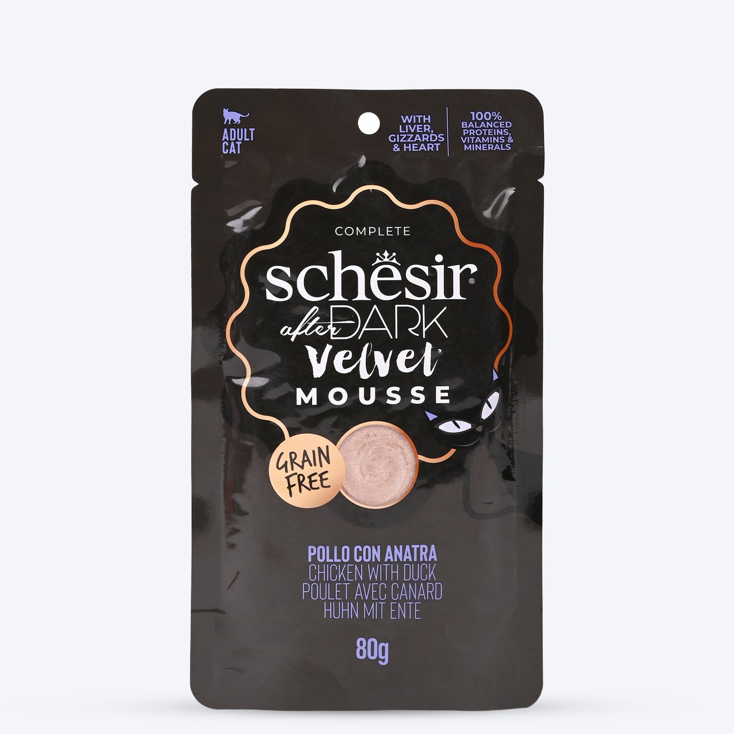 Schesir After Dark Velvet Mousse Chicken With Duck Wet Food For Adult Cat - 80 gm - Heads Up For Tails
