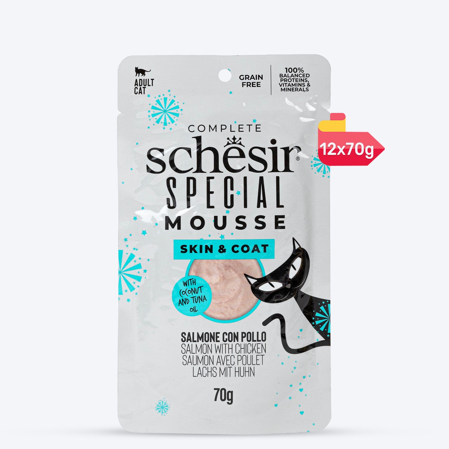 Schesir Special Mousse Skin & Coat Salmon With Chicken Wet Food For Adult Cat - 70 gm - Heads Up For Tails
