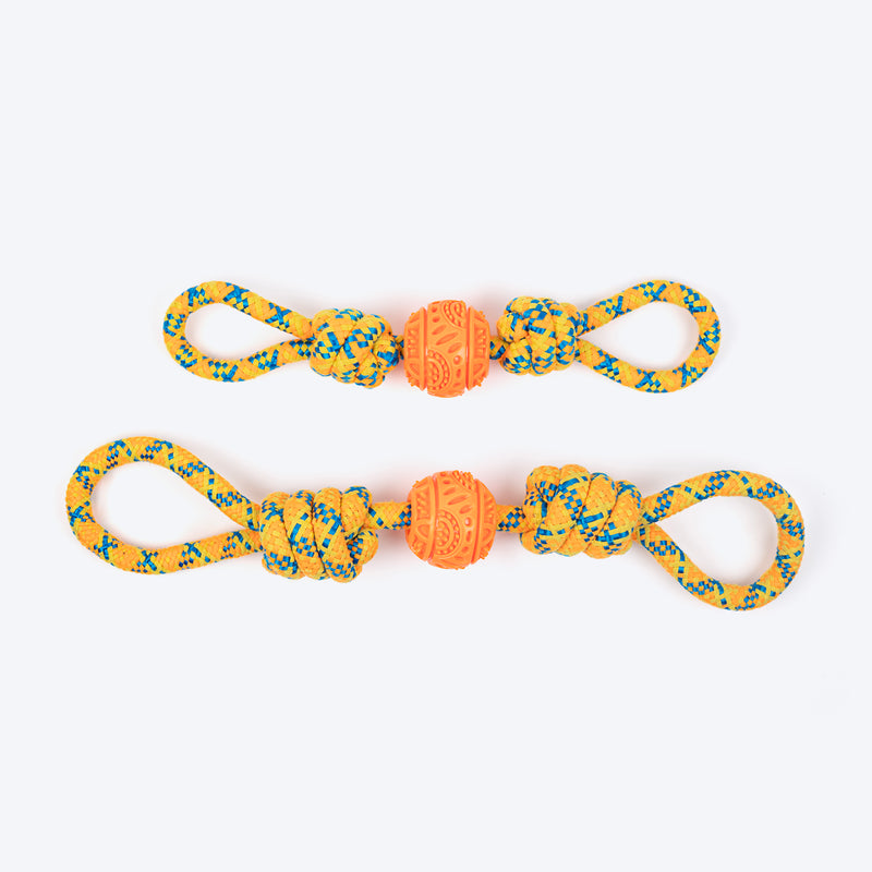 HUFT Tuggables Twisted Tug & Ball Rope Toy For Dog - Yellow & Orange - Heads Up For Tails