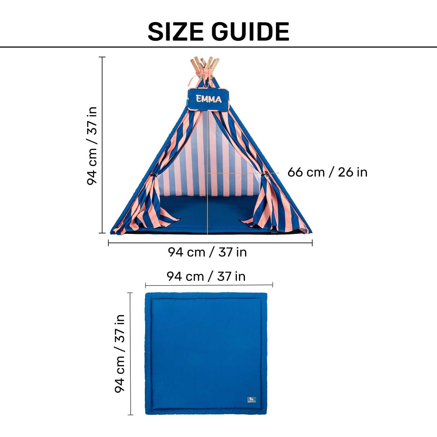 HUFT Personalised Happy Stripes Teepee Tent Bed For Dog & Cat - Navy & Peach - Heads Up For Tails