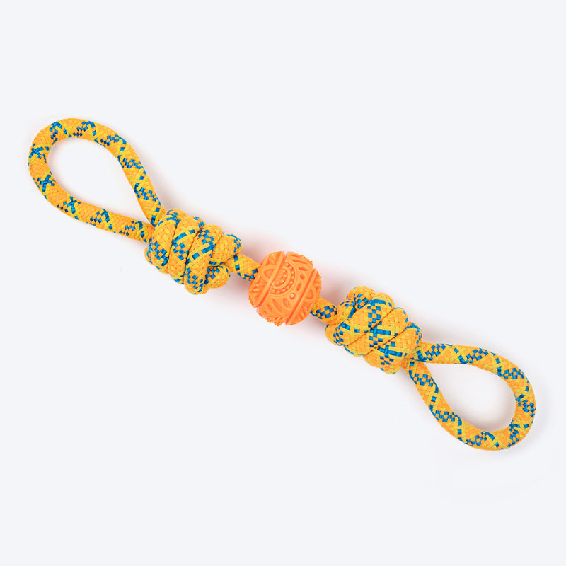 HUFT Tuggables Twisted Tug & Ball Rope Toy For Dog - Yellow & Orange - Heads Up For Tails