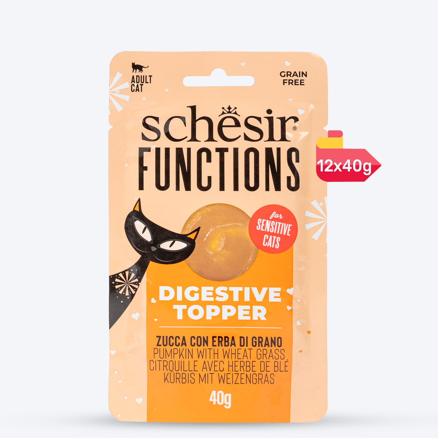 Schesir Function Digestive Topper Pumpkin With Wheat Grass Sensitive Wet Food For Adult Cat - 40 gm - Heads Up For Tails