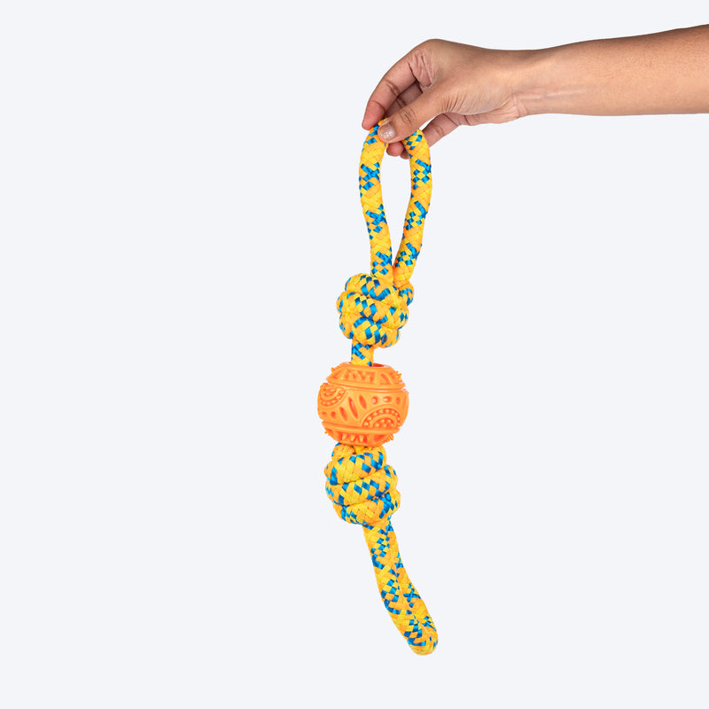 HUFT Tuggables Twisted Tug & Ball Rope Toy For Dog - Yellow & Orange - Heads Up For Tails