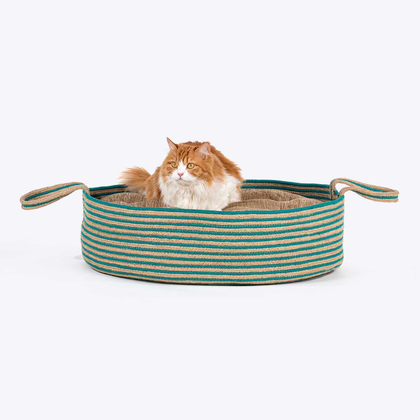 HUFT Whisker Retreat Jute Basket Bed With Cushion For Small Dogs & Cats- Aqua & Brown - Heads Up For Tails