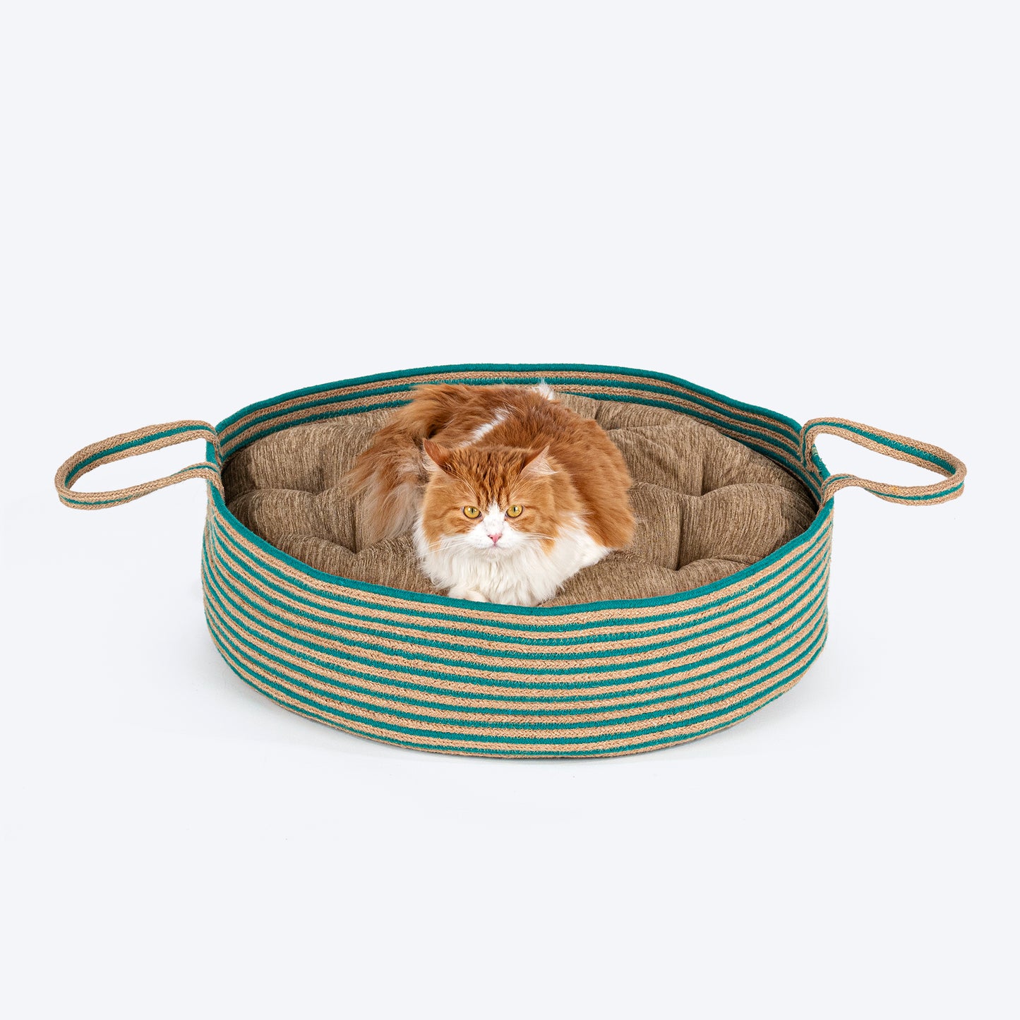 HUFT Whisker Retreat Jute Basket Bed With Cushion For Small Dogs & Cats- Aqua & Brown - Heads Up For Tails