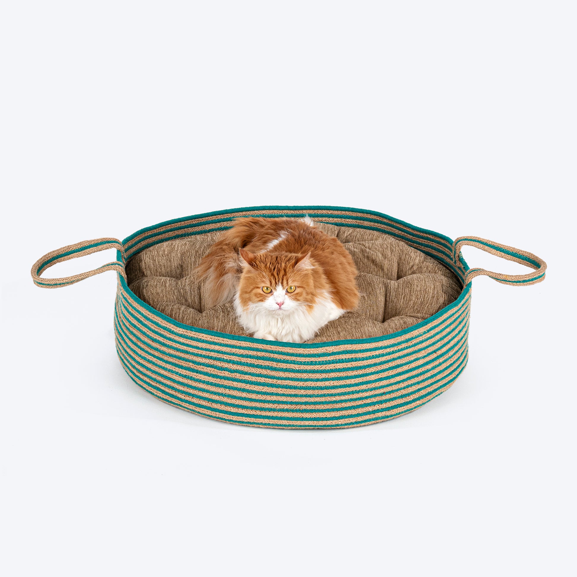 HUFT Whisker Retreat Jute Basket Bed With Cushion For Small Dogs & Cats- Aqua & Brown - Heads Up For Tails