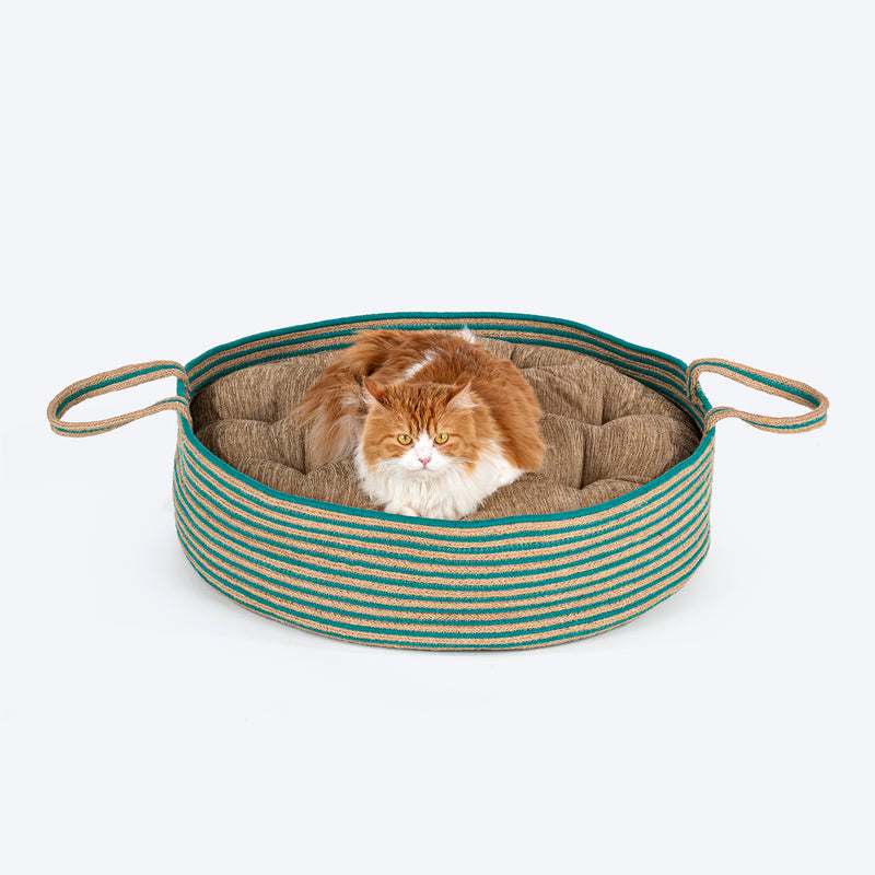 HUFT Whisker Retreat Jute Basket Bed With Cushion For Small Dogs & Cats- Aqua & Brown - Heads Up For Tails