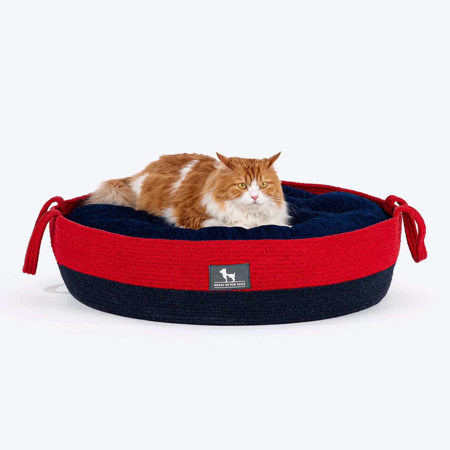 HUFT Cuddle Paws Jute Basket Bed With Cushion For Small Dogs & Cats - Red & Navy - Heads Up For Tails