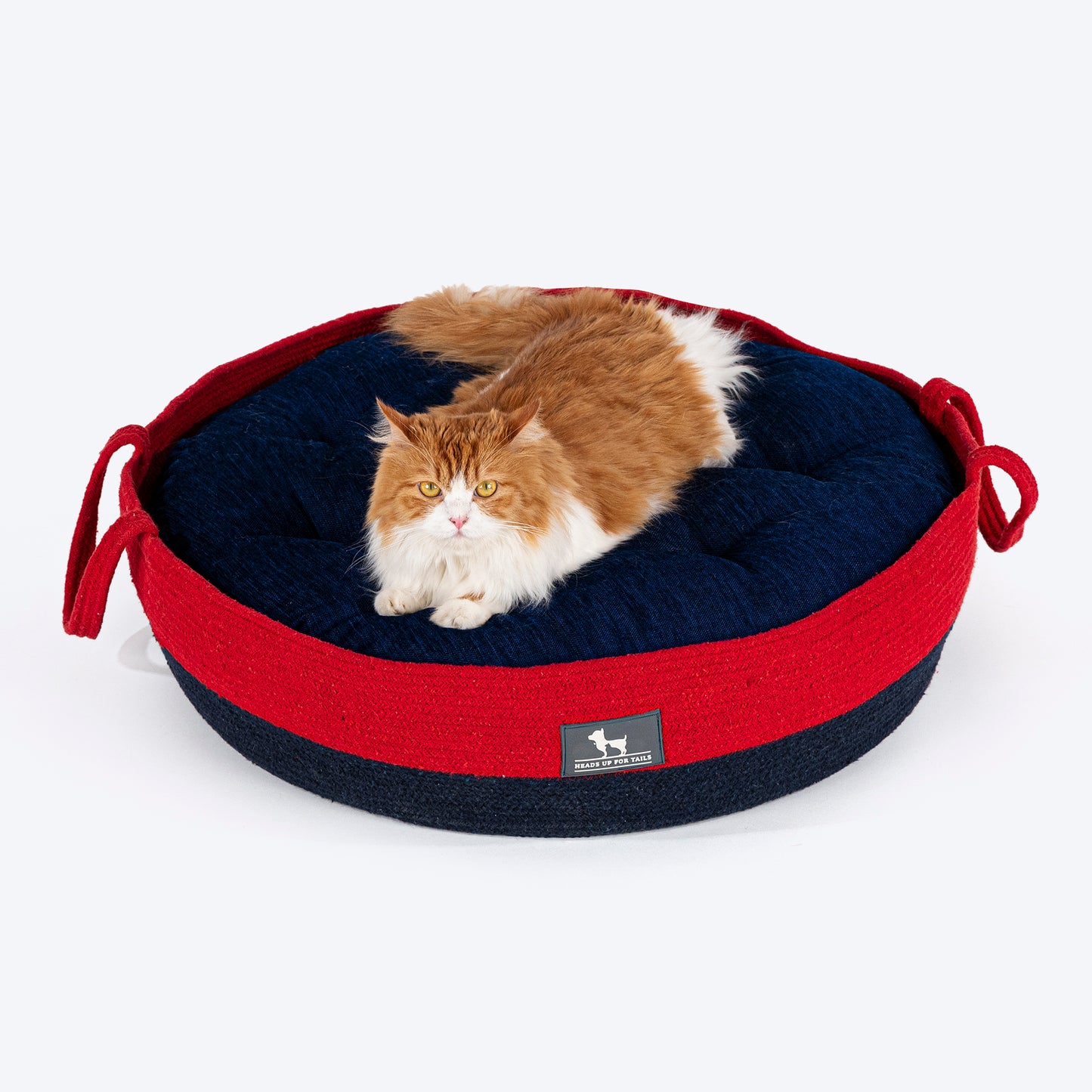 HUFT Cuddle Paws Jute Basket Bed With Cushion For Small Dogs & Cats - Red & Navy - Heads Up For Tails