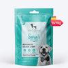 Sara's Doggie Treats Dehydrated Salmon Jerky, 70 gm, features a teal packaging with a smiling dog and fish illustrations.