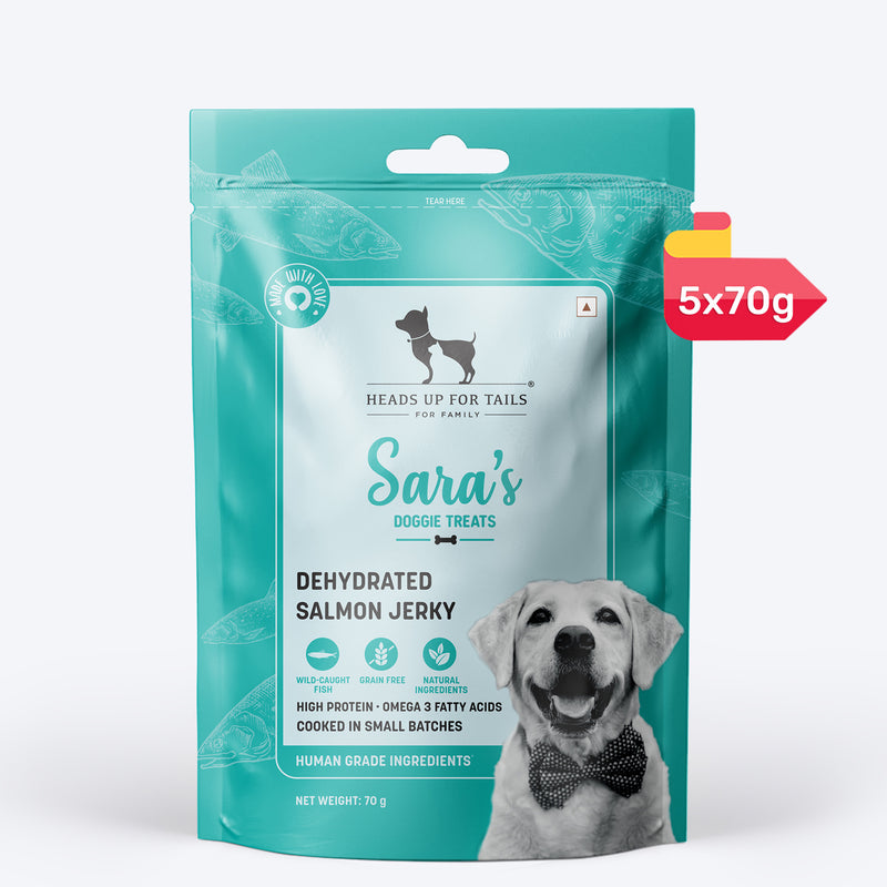 Sara's Doggie Treats Dehydrated Salmon Jerky, 70 gm, features a teal packaging with a smiling dog and fish illustrations.